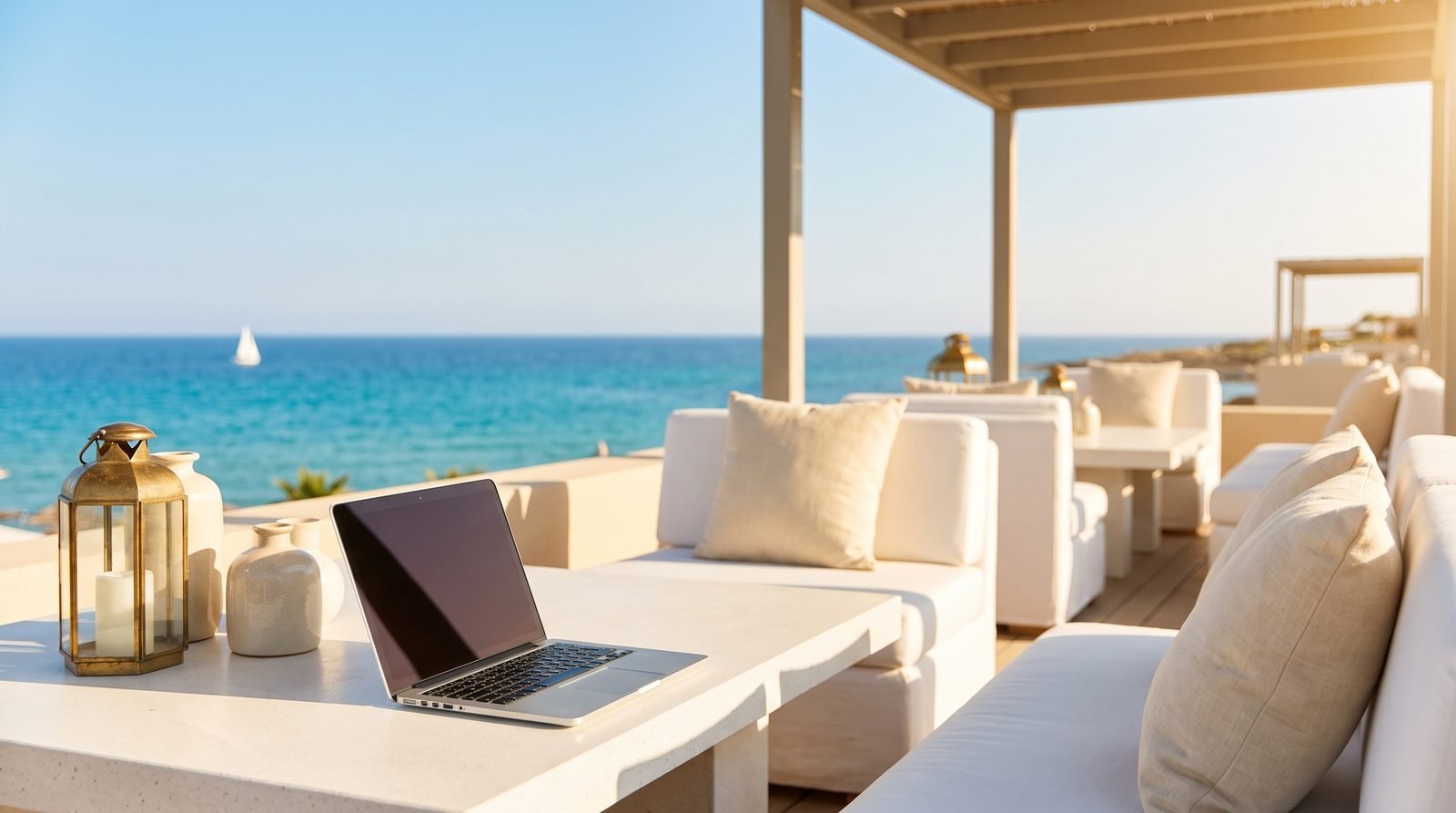 Laptop on a sunlit terrace overlooking the sea
