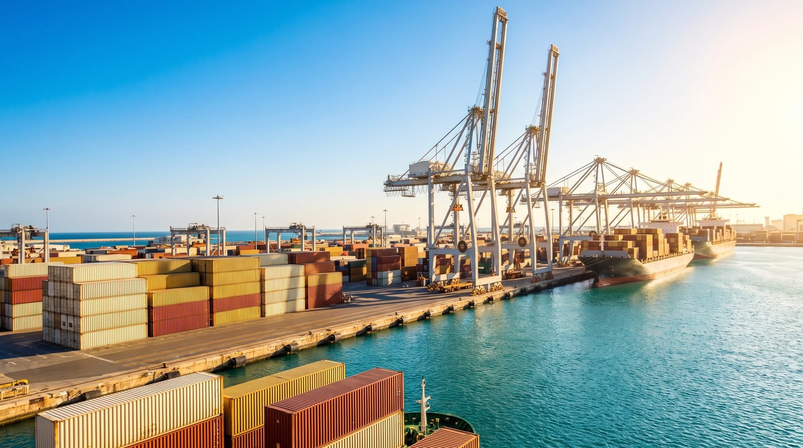 Container port in golden light